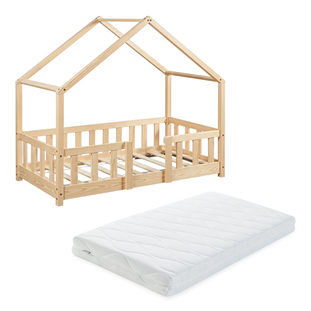 Letto per Cameretta Treviolo a Forma di Casetta in Stile Montessori con Materasso 70x140 cm - Color Naturale [en.casa]
