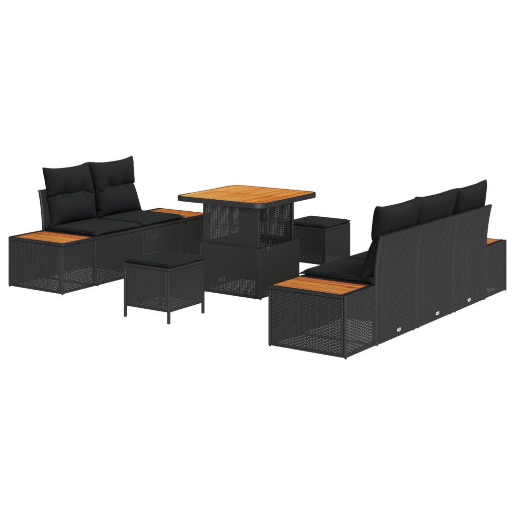 Set di divani giardino 8 pezzi con cuscini in polyrattan nero e acacia
