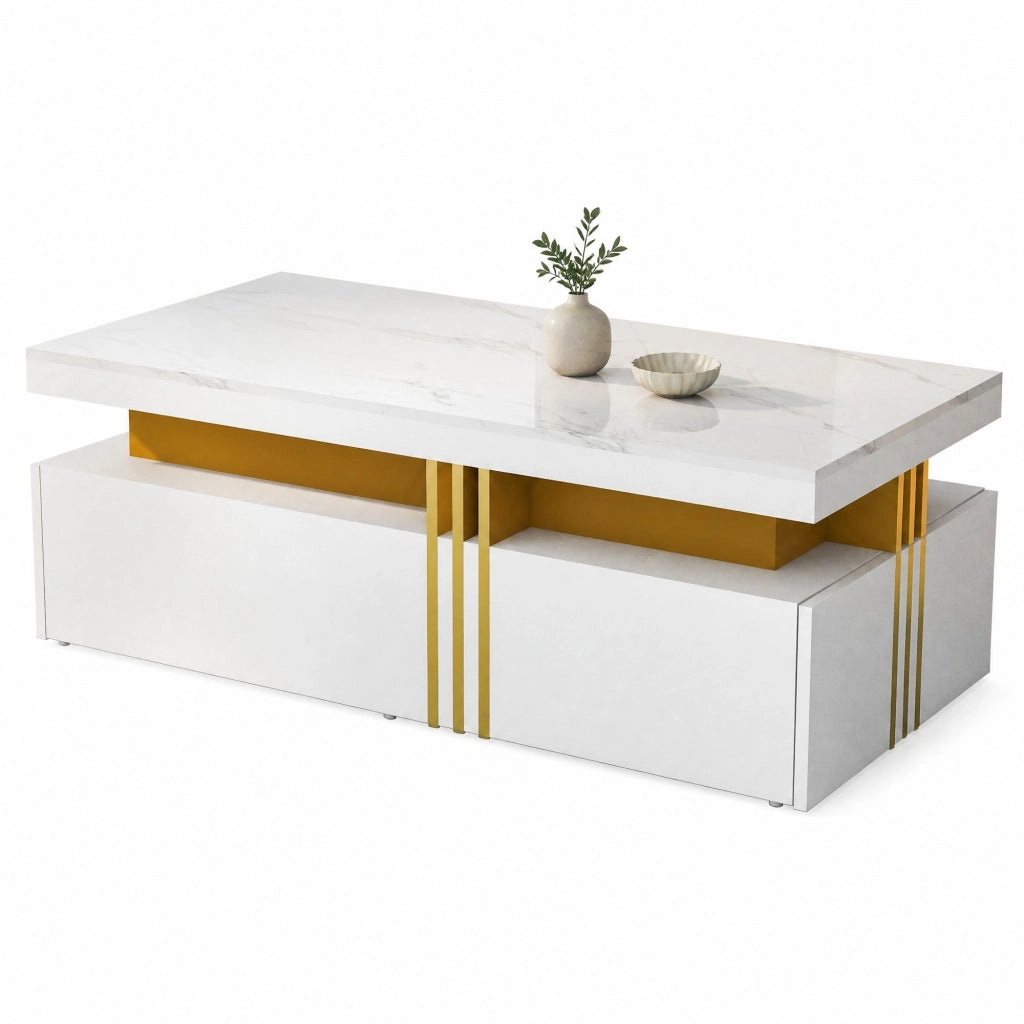 Tavolino da caffè bianco 100x50x40 cm con 2 cassetti e piano marmorizzato