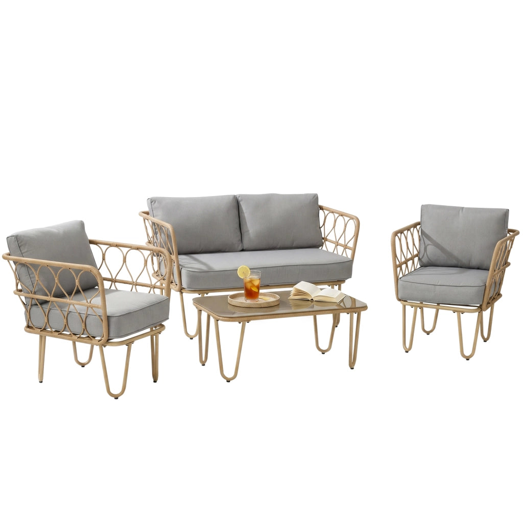 Set divano da giardino 2 posti + 2 poltrone + tavolino in vetro temperato ¨C zephmum ¨C grigio con 7 cuscini