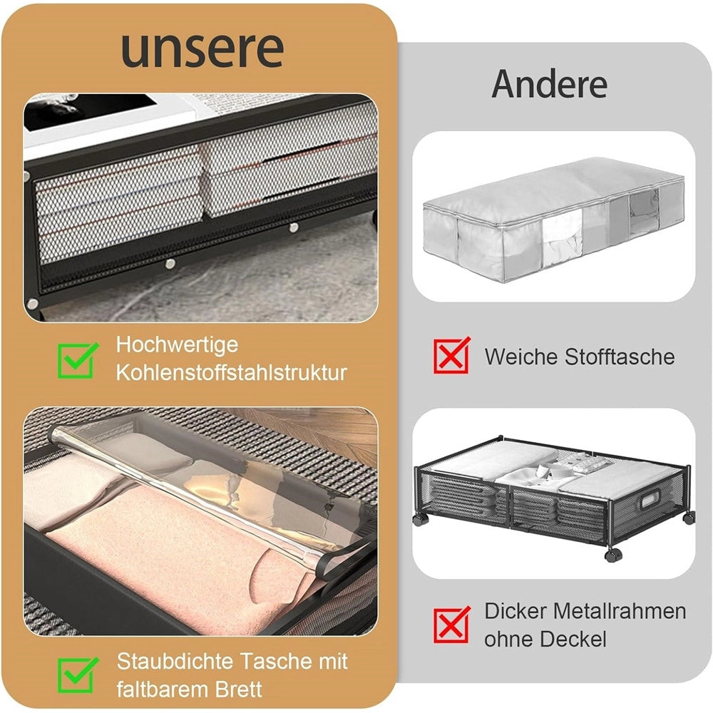 Trade Shop - Contenitore Portaoggetti Sottoletto In Metallo Con Ruote Coperchio Biancheria Salvaspazio -