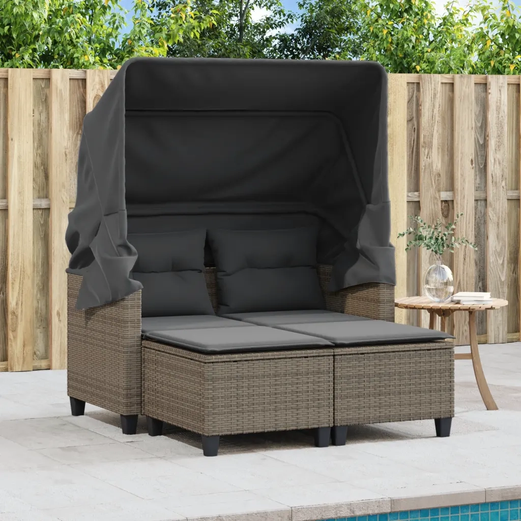 Divano Giardino 2 Posti-Sofa da Giardino-Divanetto da esterno Baldacchino e Sgabelli Grigio Polyrattan 428485