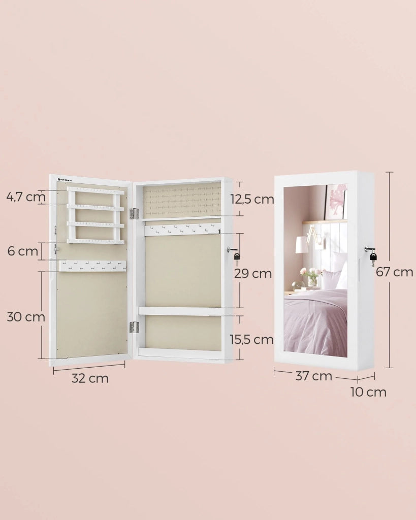 Mobiletto portagioie a parete con specchio a figura intera 10 x 37 x 67 cm con serratura grande capacità bianco 12_0003937