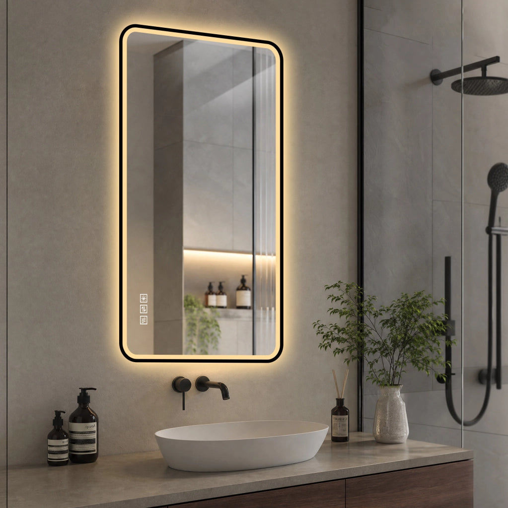Specchio bagno LED ULEVR con cornice nera, antiappannamento, luce regolabile 3000K-6000K e memoria