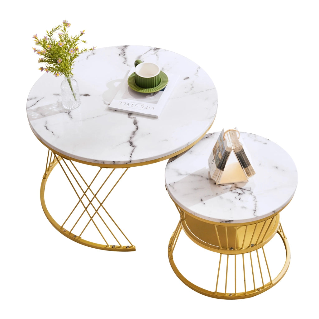 Tavolini da Caff¨¨ Rotondi a Incastro; 2 Tavolini con Struttura in Metallo Oro; Piano Lucido Effetto Marmo in MDF; Bianco; 70¡Á70¡Á47 cm