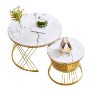 Tavolini da Caff¨¨ Rotondi a Incastro; 2 Tavolini con Struttura in Metallo Oro; Piano Lucido Effetto Marmo in MDF; Bianco; 70¡Á70¡Á47 cm