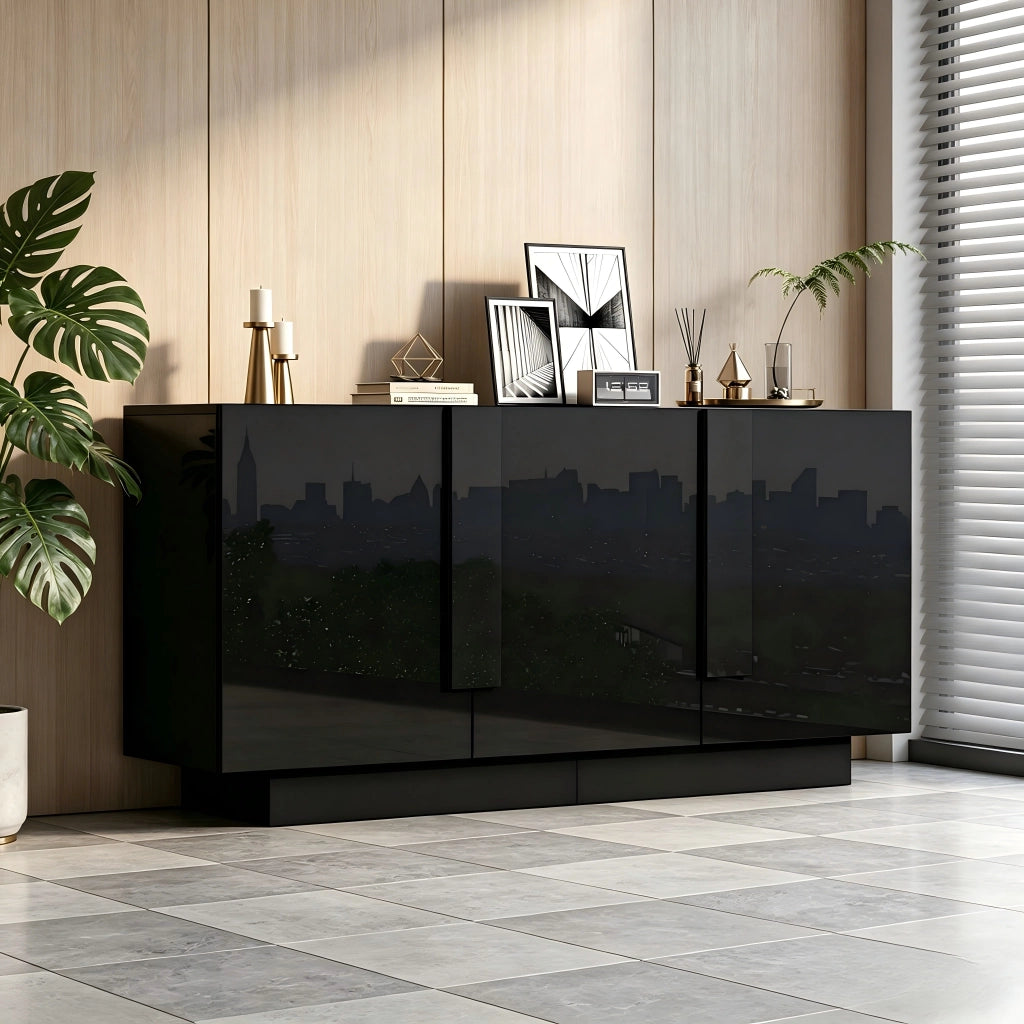 Credenza con 3 ante e 6 vani; finitura lucida - per soggiorno - 160×35×60 cm - nero
