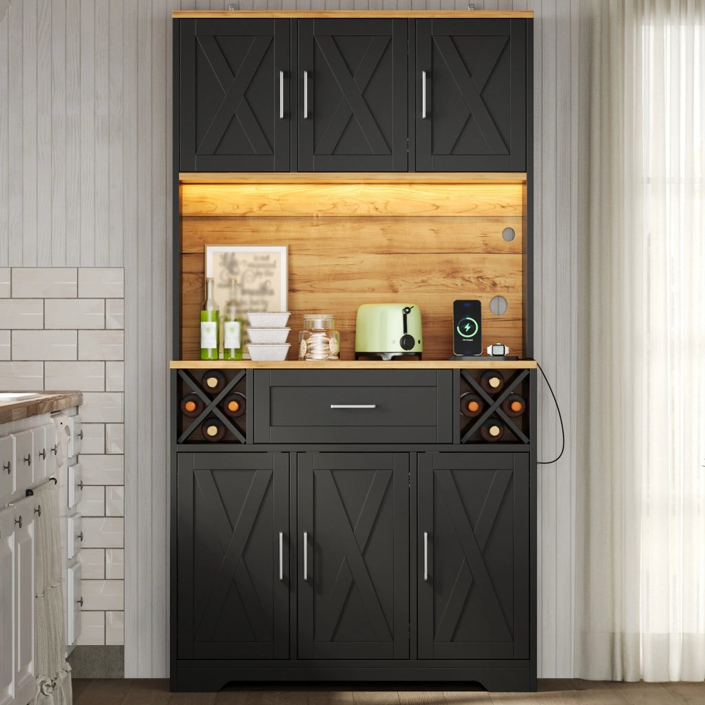 Credenza alta con 1 cassetto; ripiani portavino e LED - per cucina - in MDF - 105×40×180 cm