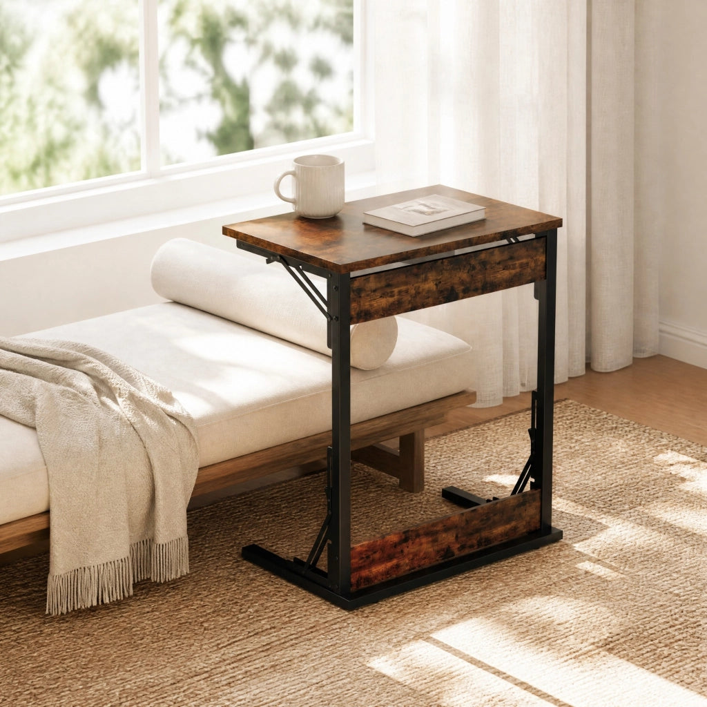 Tavolino basso fisso a C pieghevole con piedi regolabili in metallo e MDF marrone rustico 60 × 37 × 71 cm