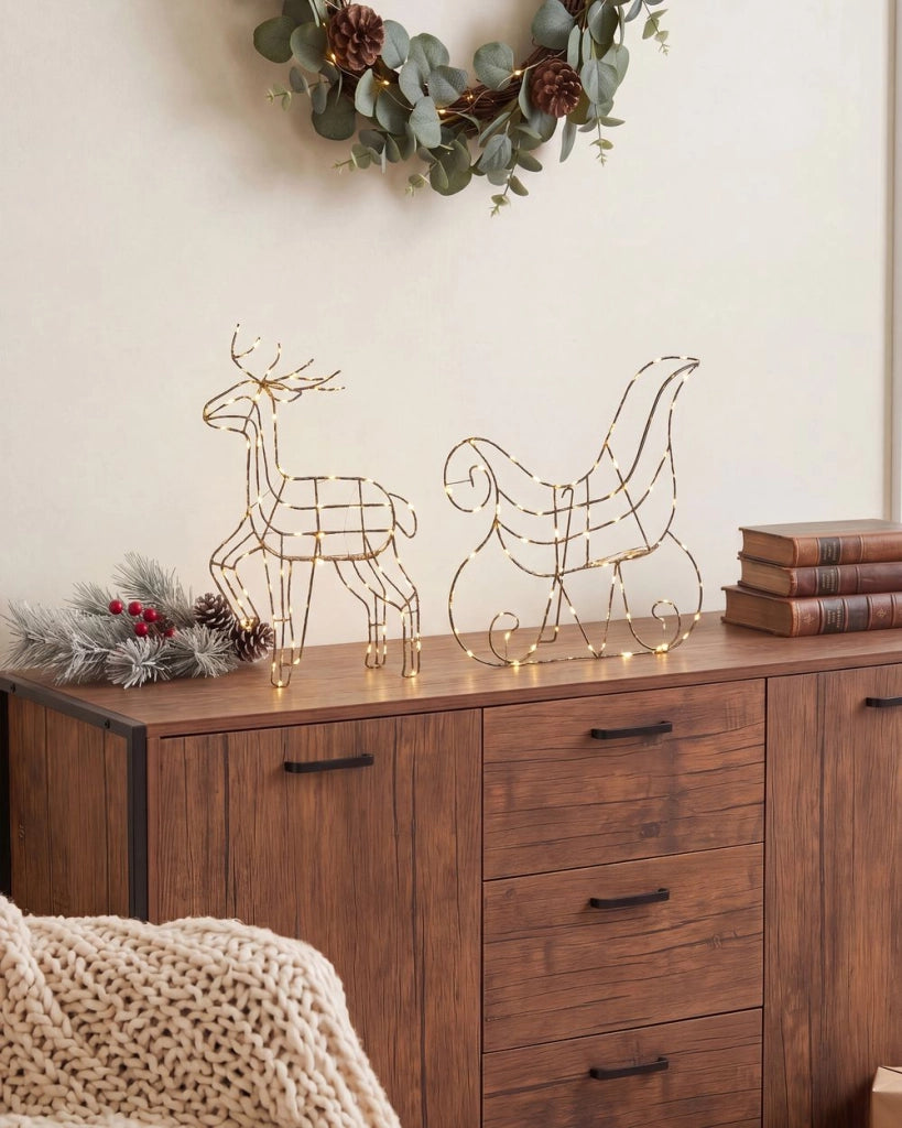 Decorazione da Interno ed Esterno con Luci a LED Slitta e Renne in Metallo Argento