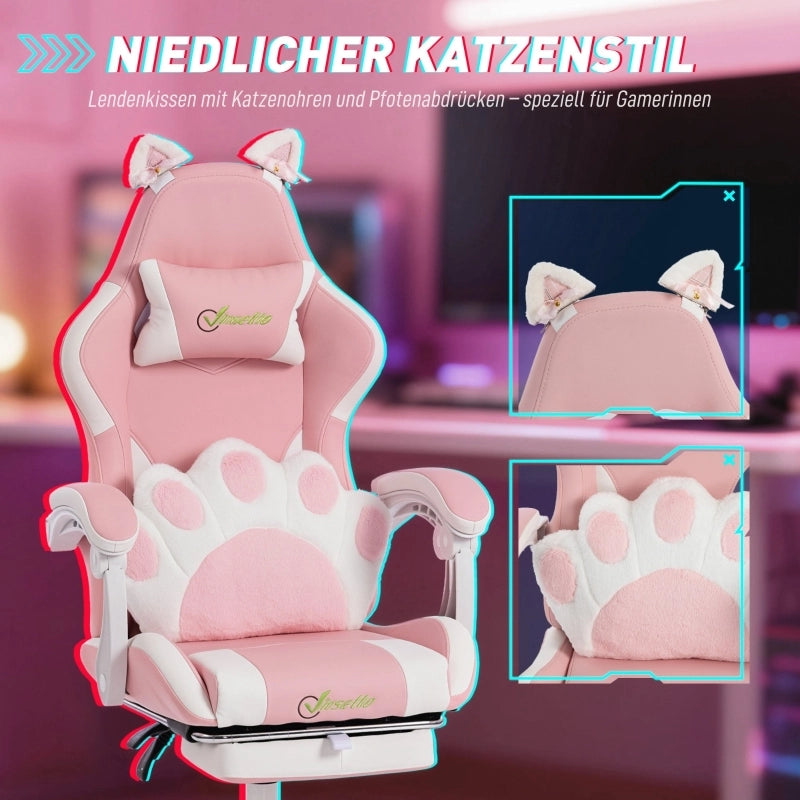 Sedia da gaming con poggiapiedi, schienale reclinabile e cuscino lombare in similpelle rosa 79.0 × 57.0 × 29.0 cm