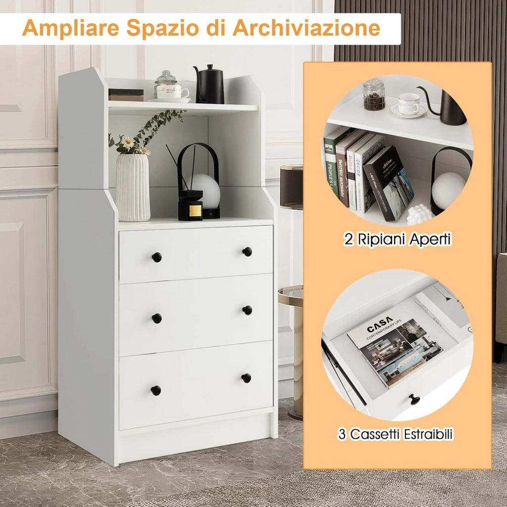Comò a 3 Cassetti con Mensole, Organizzatore di Stoccaggio Multiuso, Cassettiera Moderna con Dispositivo Anti-Ribaltamento per Soggiorno Camera da Letto Ingresso, 58 x 36 x 111 cm