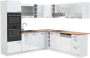 Cucina angolare completa R-Line, Bianco lucido, 247 x 60 cm, PL Rovere, per disposizione flessibile ed espansione modulare