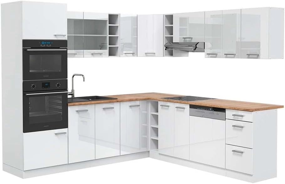 Cucina angolare completa R-Line, Bianco lucido, 247 x 60 cm, PL Rovere, per disposizione flessibile ed espansione modulare
