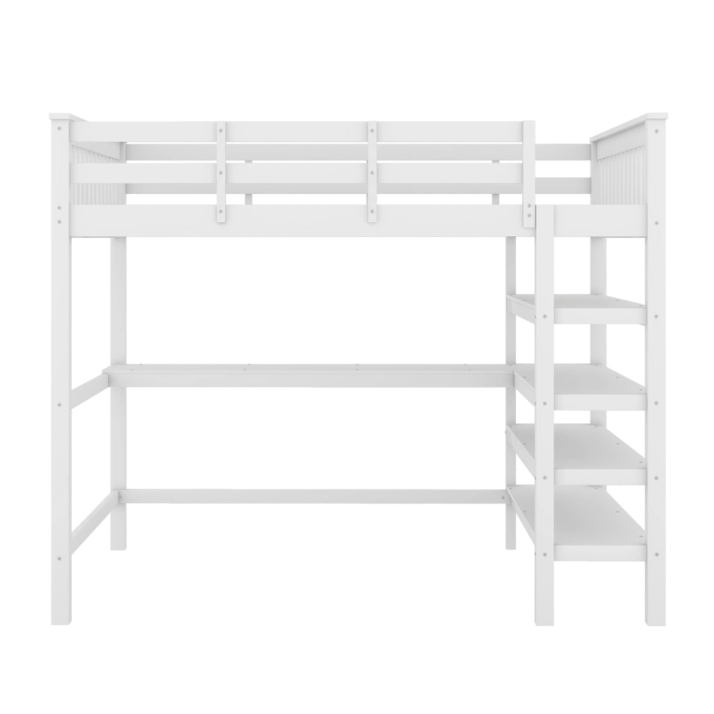 Letto a castello bianco in pino con scrivania e ripiani 140x200 cm