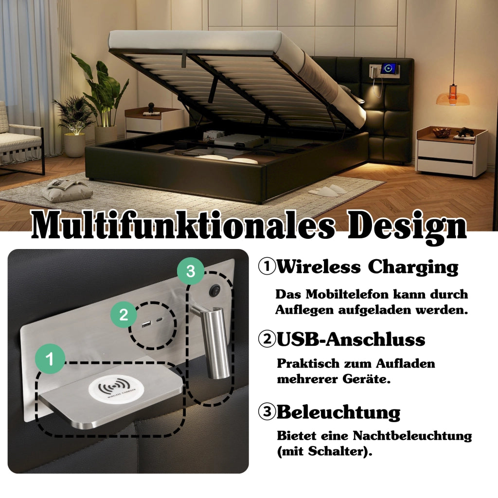 LETTO Imbottito 180 x 200 cm PU Nero con USB, ricarica wireless e luce