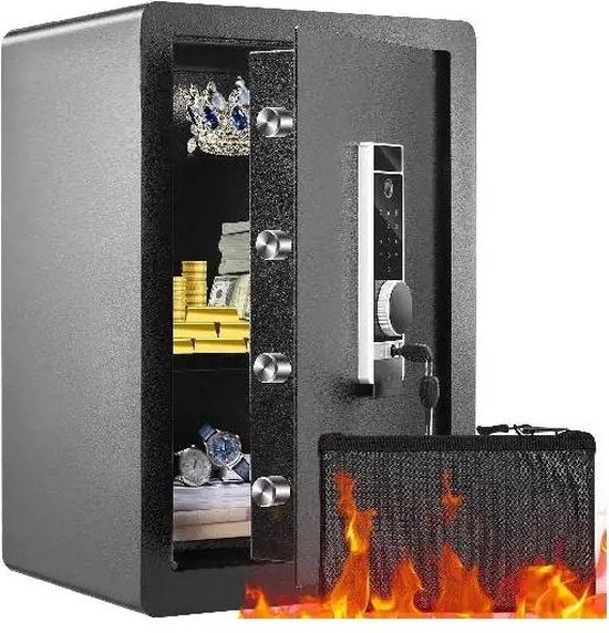Cassaforte Elettrica di Sicurezza - 62 Litri - Chiusura Digitale - Riconoscimento delle Impressioni Digitali - Resistente al Fuoco - Certificato CE Con Allarme, Montaggio a Parete, Pannello Rimovibile - Inclusa Tasca Resistente al Fuoco