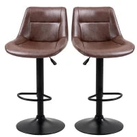 Set 2 Sgabelli da Bar Vintage in Finta Pelle Marrone con Poggiapiedi e Base Rotonda, 46.5x50x88-108 cm