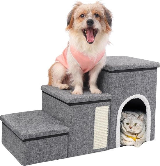 Scale a 3 Passi per Piccoli Cani e Gatti con Spazio di Deposito per Casa, Tavolo per Raschiare, Scale per Animali per Divano e Letto 75 x 38 x 43 cm Grigio
