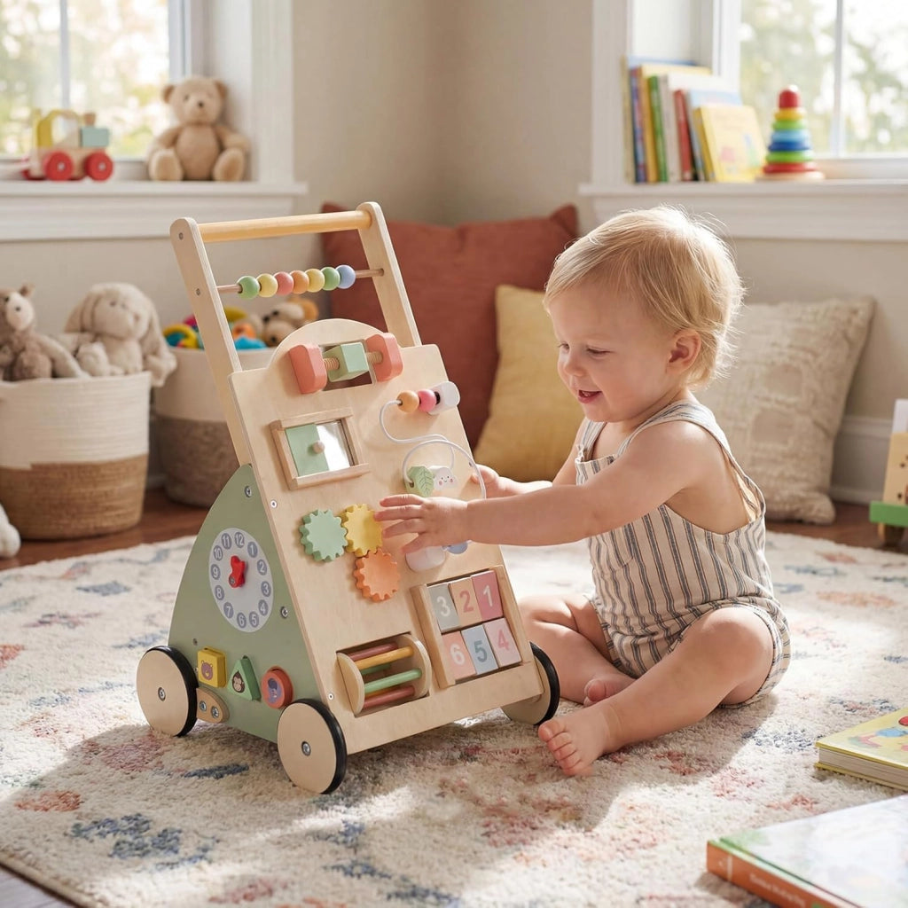 Carello Primi Passi in Legno per Bambini, Girello Montessori con Centro Attività, Ruote e Cestino Portaoggetti, Gioco Educativo per Bambini 12 + Mesi (Modello 5)