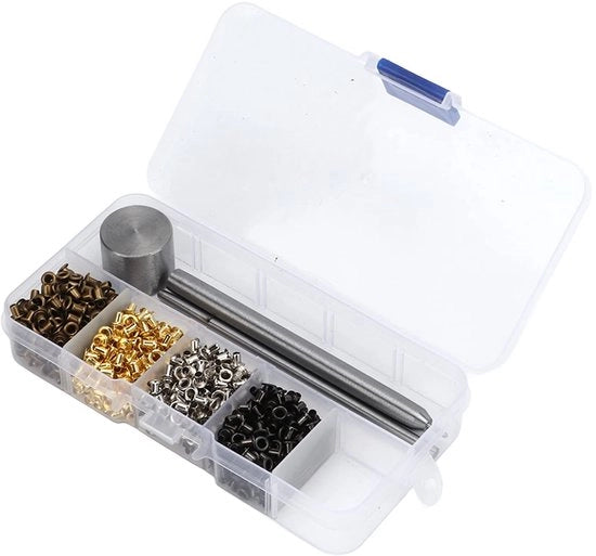 Set di Tasselli di Passaggio da 800 Pezzi - Attrezzatura di Installazione - Occhielli - Scatola di Riposo - Adatto per Scarpe/Bagagli/Abbigliamento - Oro/Argento/Bronzo/Nichel - Occhielli