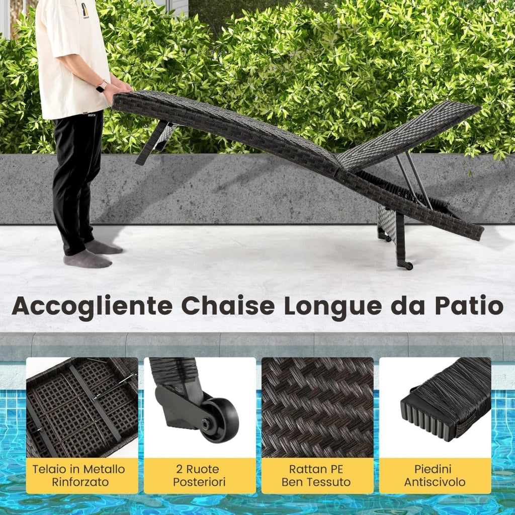 Lettino Prendisole in Rattan PE, Sdraio da Giardino Pieghevole con Schienale Regolabile, Schiuma ad Asciugatura Rapida e Due Ruote, Portata 150 kg, per Balcone Piscina