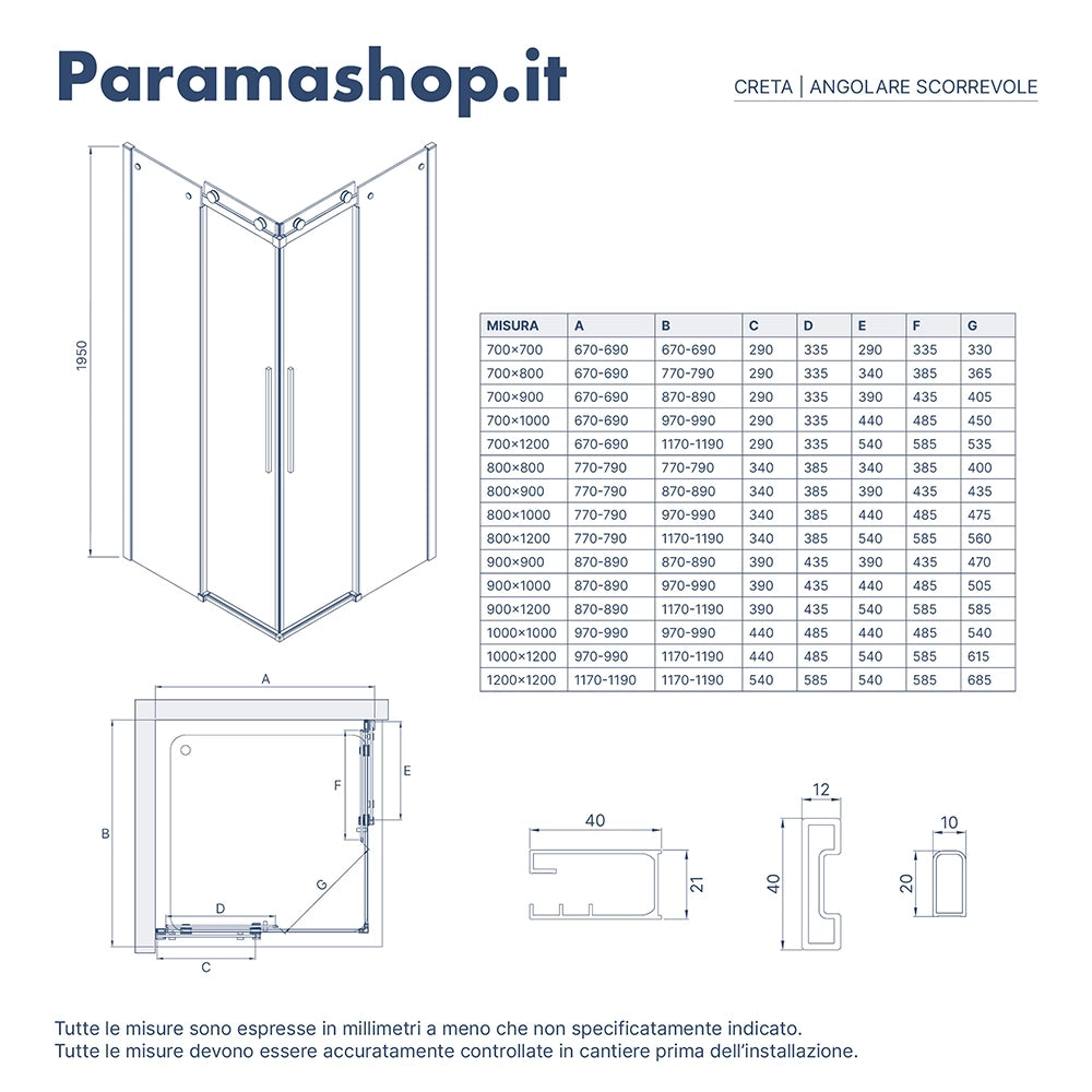 Box doccia angolare 90x90cm due ante scorrevoli  vetro 8mm trasparente profili cromati h195 | Creta