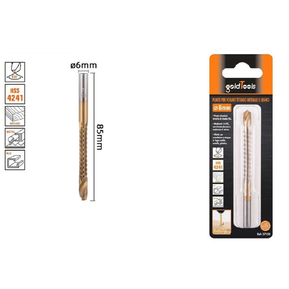 Trade Shop - Punta Trapano Elicoidale ø6mm X 85mm In Titanio Hss 4241 Per Metallo Legno 57150 -