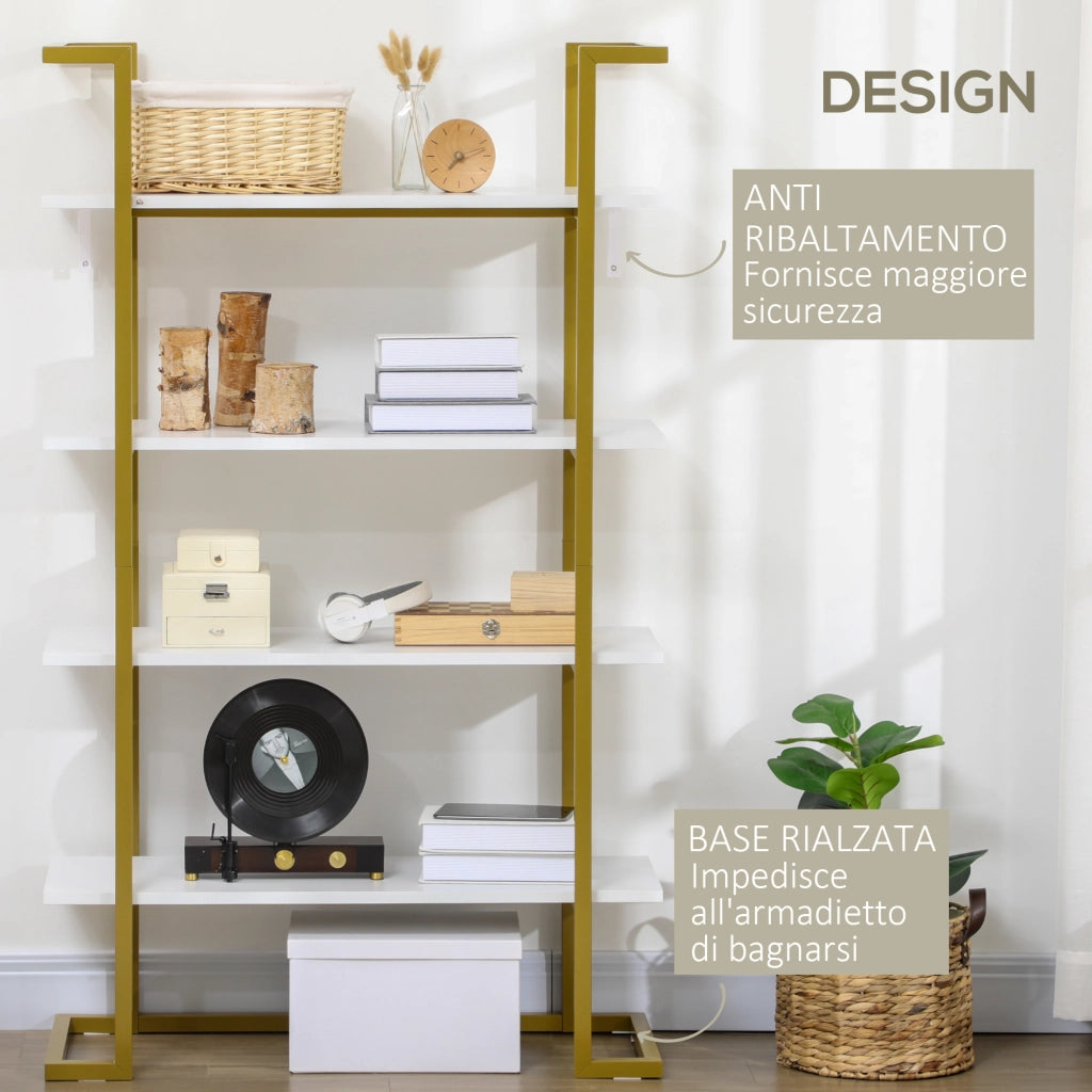 Scaffale libreria a 4 livelli in MDF e acciaio, mobile multiuso per casa e ufficio, design moderno, 92x35x152cm, bianco e oro