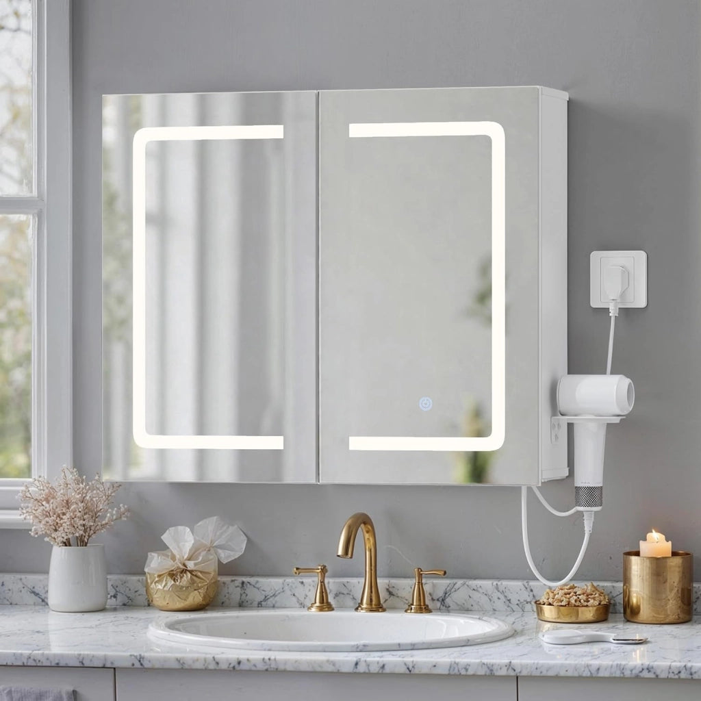 Armadio da bagno da, con specchio e illuminazione a LED, dimmerabile, con sensore di contatto, presa elettrica, ripiani regolabili, doppia porta in MDF di alta qualità, bianco (60 x 80