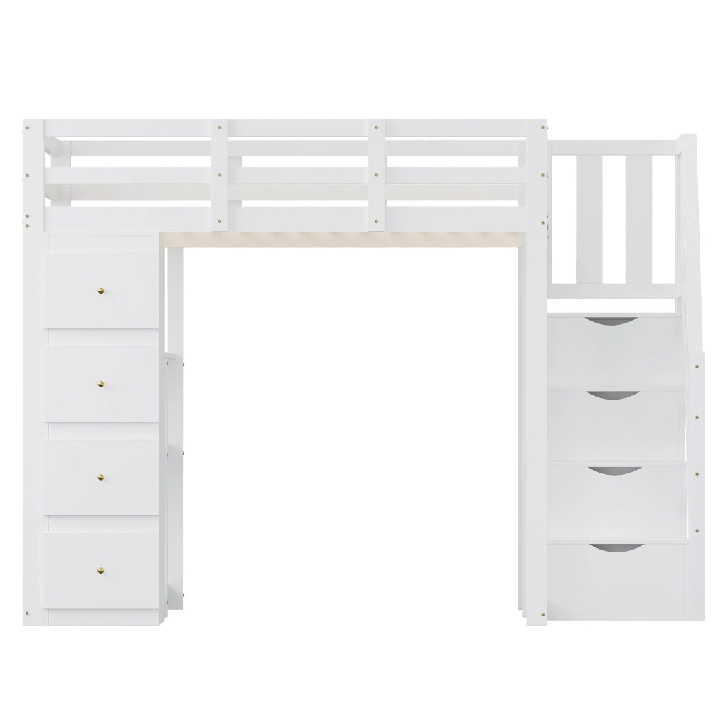LETTO a soppalco 140x200 cm in legno bianco con 4 cassetti e scala laterale