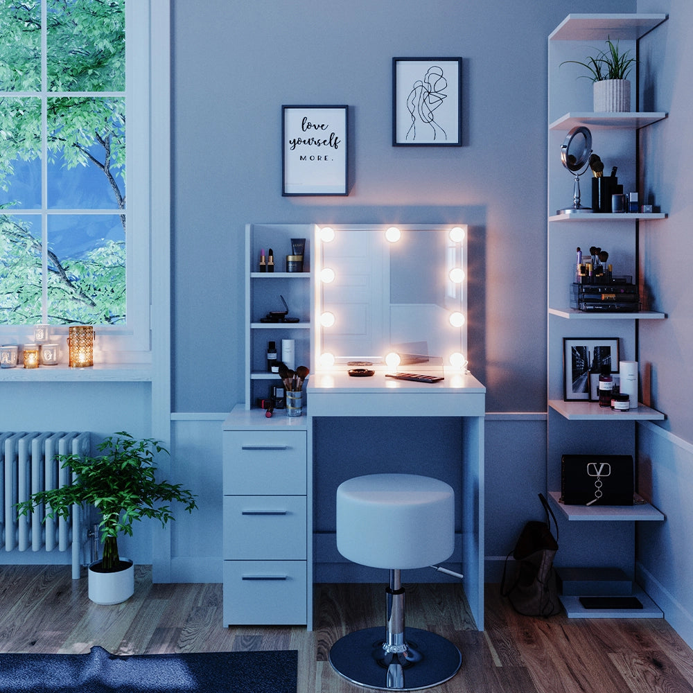 Vicco Tavolo da toeletta Bianco 80 cm con illuminazione LED e sgabello