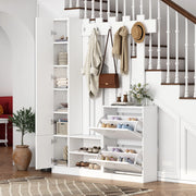 OKWISH Set da 1 Mobile da Ingresso con Specchio, 2 Scarpiere, Ripiani e 5 Ganci, Pannello di Truciolare Bianco