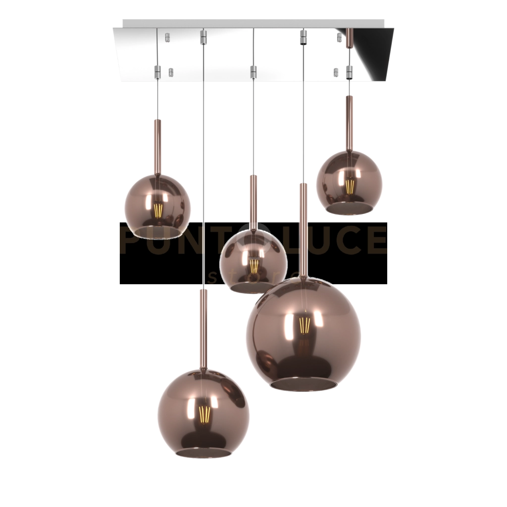 SOSP. CROMO RETTANGOLARE 5 LUCI VETRI (1 GRANDE+1 MEDIO+3 PICCOLO) TUTTI RAME 1155CR-S5 RMIX-RA