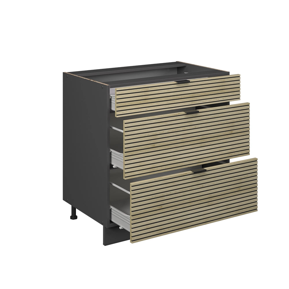 Mobiletto base per cucina Fame-Line Pannello in quercia/Antracite 80 cm con 3 cassetti, senza piano di lavoro Vicco