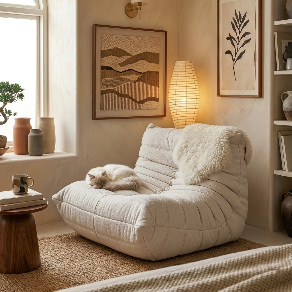 Poltrona Bassa Imbottita Kodsø con Rivestimento in Chenille 75x90x100 cm - Beige [en.casa]
