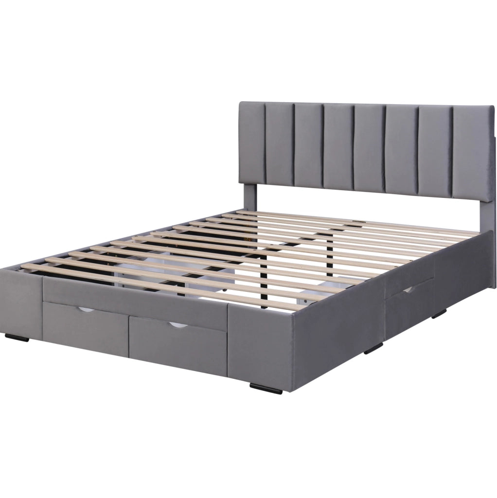 Letto imbottito 160x200 cm; testiera regolabile e 4 cassetti; velluto grigio (Senza materasso)