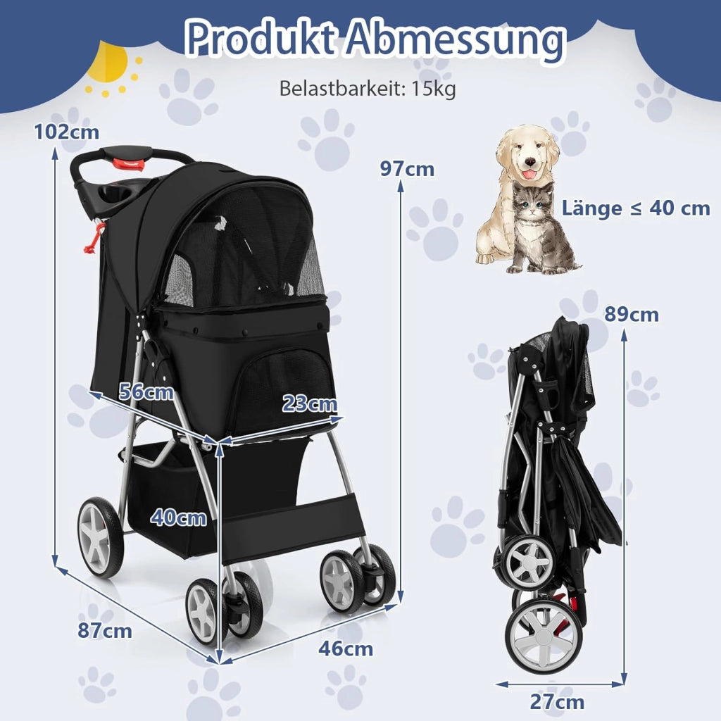 Passeggino per Cani e Gatti Pieghevole Fino 15 kg, Carrello per Animali Domestici, Trasportino Carrozzina Portatile da Viaggio e Passeggio con Tettuccio per Cuccioli, 87 x 46 x 102 cm (Nero)
