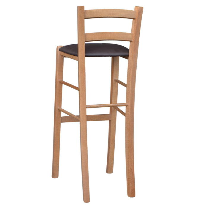 Sgabello bar alto  legno chiaro con schienale h 80 cm seduta similpelle marrone