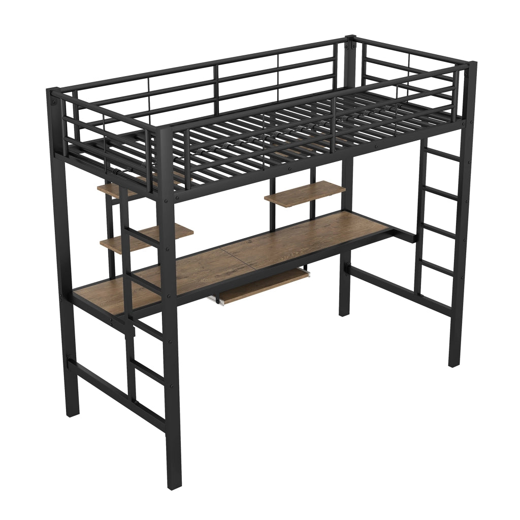 Letto a soppalco in metallo con scrivania e libreria, 90x200 cm, nero