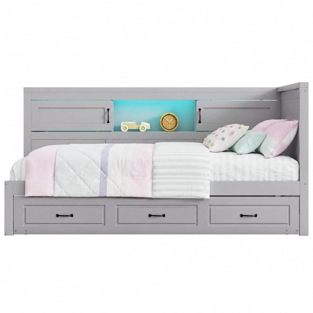 Divano letto singolo 90x200 cm con LED; presa USB e vano contenitore; grigio