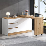 Scrivania pieghevole multifunzionale con 2 ante e 3 cassetti, girevole, per home office, bianco e rovere, 120 × 50 × 78 cm