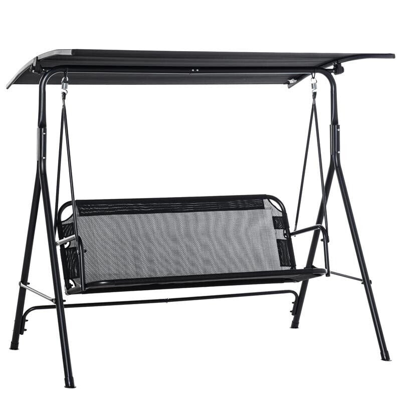 DONDOLO DA GIARDINO TERRAZZA 3 POSTI CON TETTUCCIO PARASOLE REGOLABILE, METALLO E TEXTILENE NERO 172X110X155CM