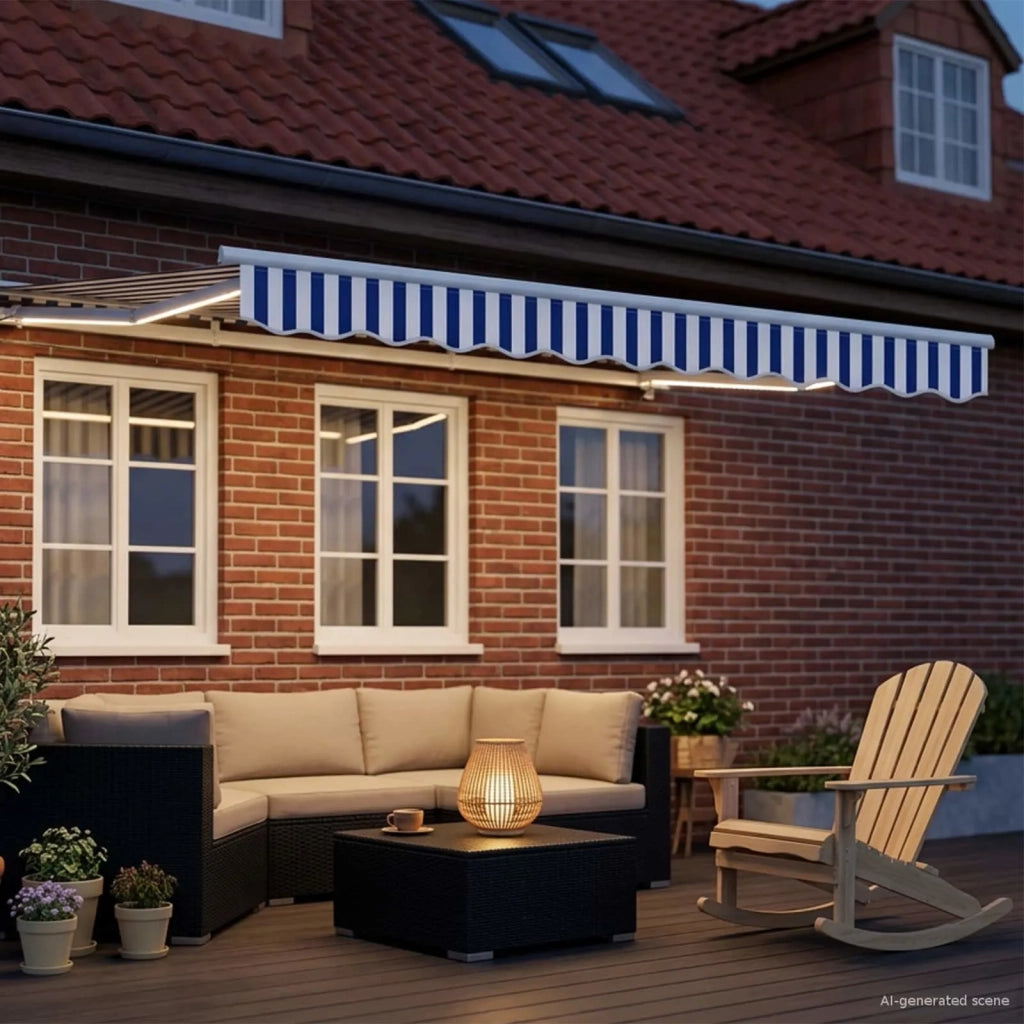 Cornice per Tenda Manuale con LED-Telaio per tendalino manuale Blu e Bianco 2,5 x 2 m