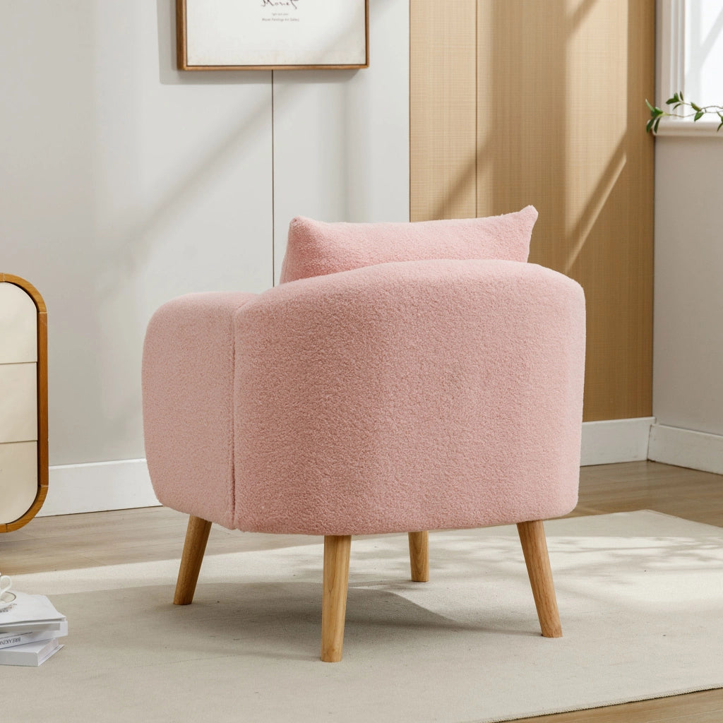 Poltrona in tessuto teddy con cuscino lombare e seduta spessa 14 cm in legno massello rosa per relax quotidiano