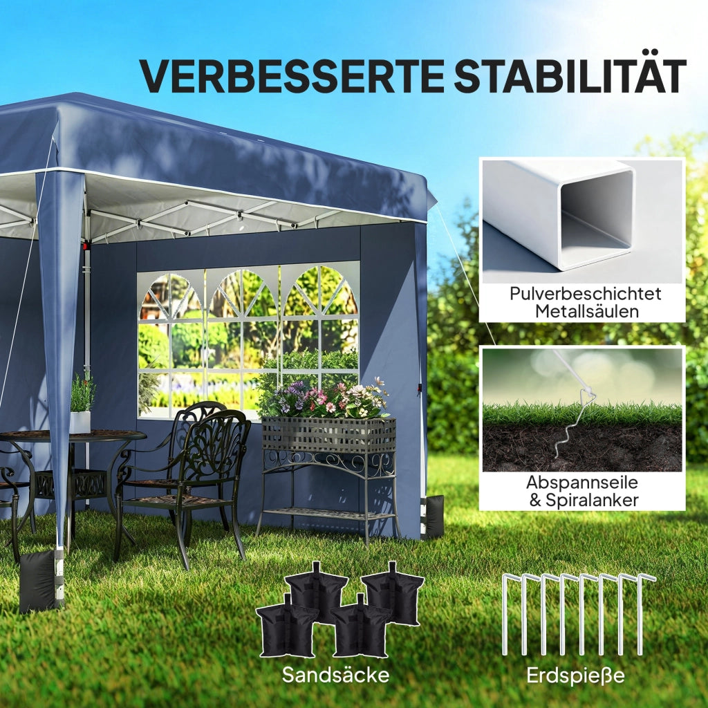 Gazebo 3 x 3 m Rivelatore Sovrappeso Regolabile in Altezza Impermeabile con 2 pannelli laterali; UV 50+ Pieghevole Blu Scuro