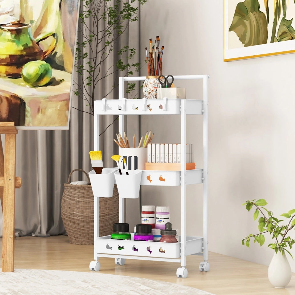 Carrello portaoggetti a 3 livelli con ruote, Carrello utilit¨¤ con 2 tazze appese e 4 ganci per soggiorno Bianco-Carrelli