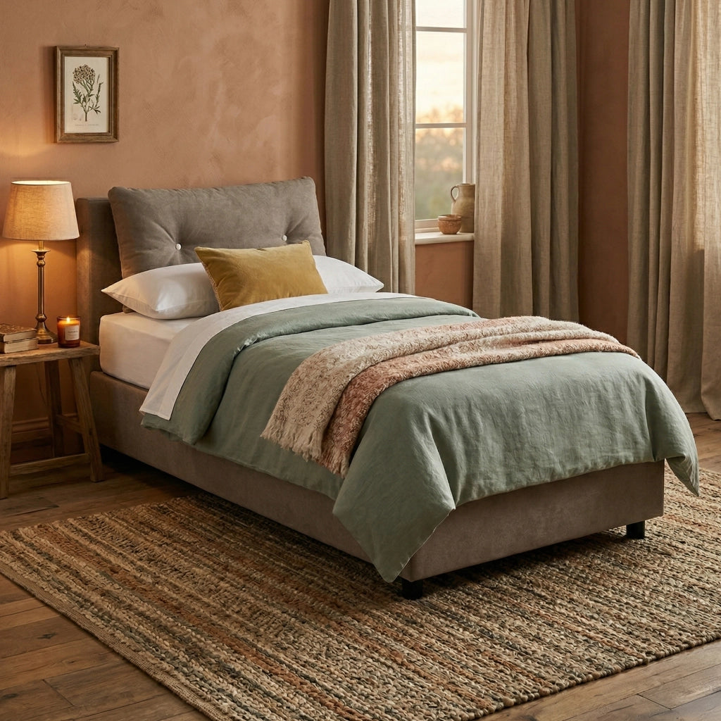 Letto singolo Sabazia, Letto contenitore con rivestimento in tessuto, Made in Italy, Apertura frontale, con materasso cm 80x190 incluso, Tortora
