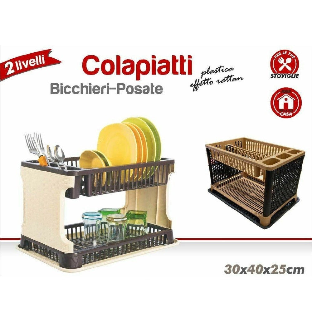 Trade Shop - Scolapiatti In Plastica Effetto Rattan 2 Ripiani Piatti Posate Bicchieri Marrone -