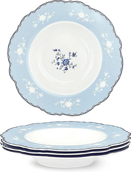 Set di piatti di porcellana profondi per zuppe, 4 pezzi, Ø 232 mm, grigio, scodelle per pasta, piatti con fiori blu, ciotole per zuppe, resistente a microonde e lavastoviglie